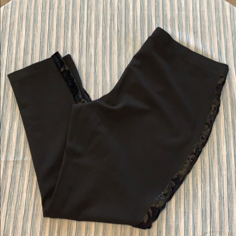 Black tuxedo style leggings with velvet trim